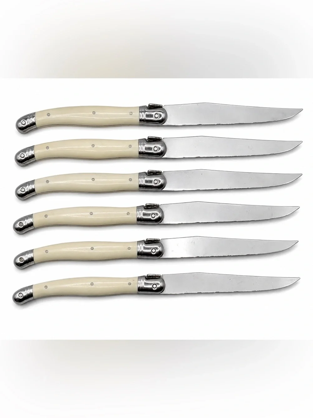 Jean Dubost Laguiole Steak Knives Set of 6 Stainless with Ivory Handles & Block